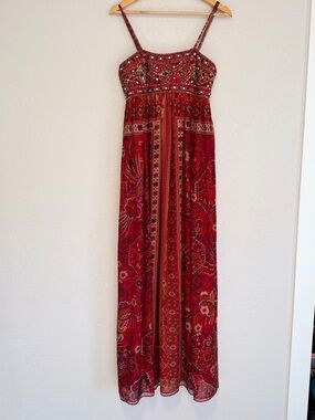 Reem Acra Silk Beaded Maxi Dress – Red Boho Embroidered Gown Size 8